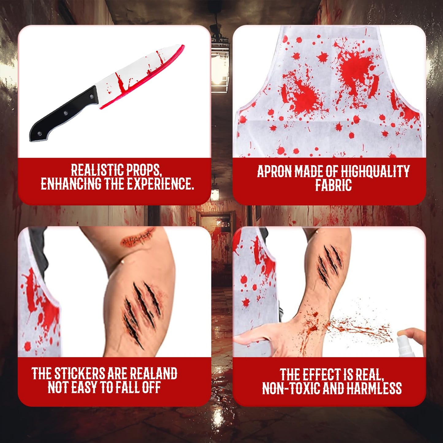 TFSZE MáScara Horror Conejo Set,Máscara de Conejo de Felpa Sangrienta con Delantal Sangriento,Pegatinas de tatuajes con cicatrices,Delantal Sangriento,para Adulto Helloween Carnaval Fiesta