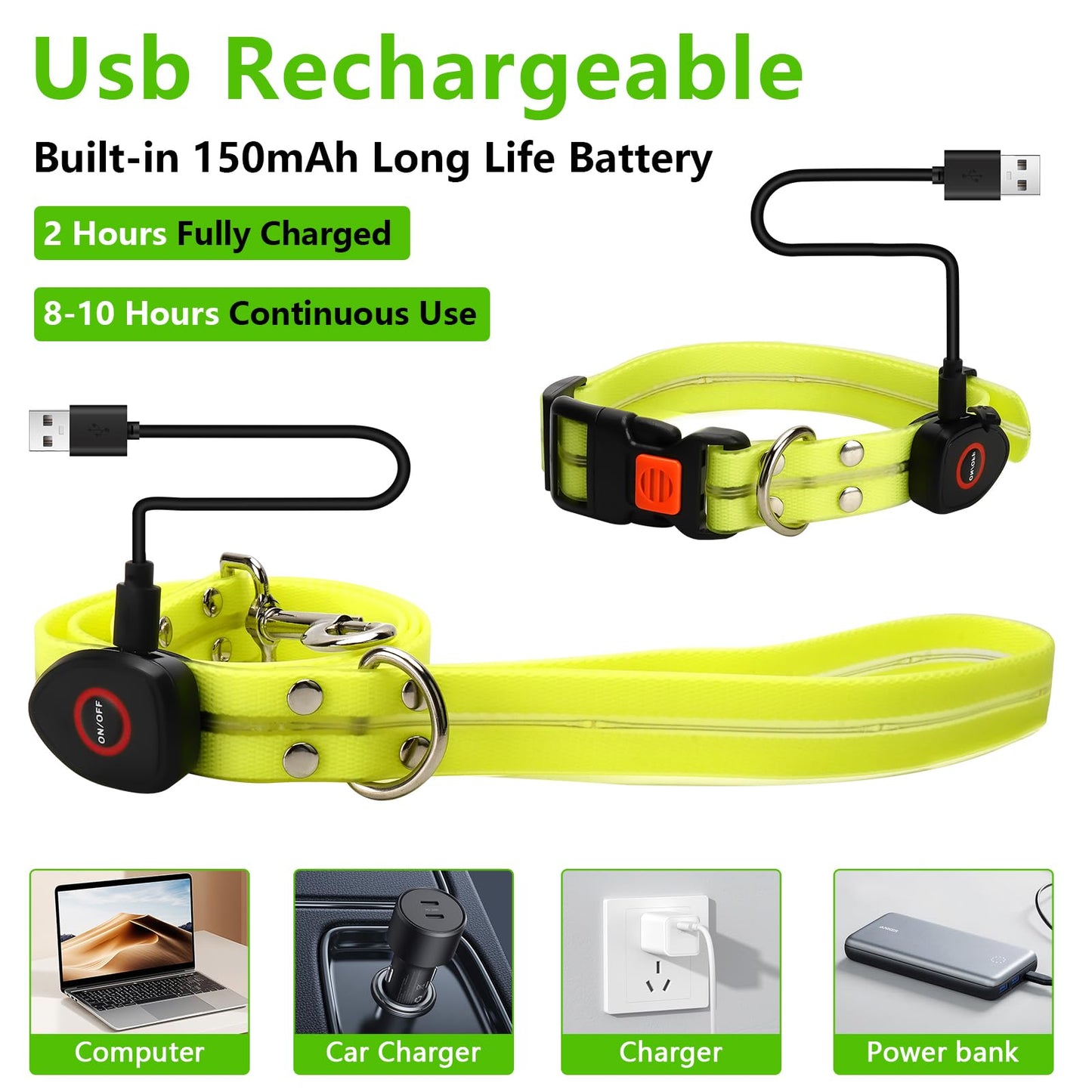 Collar Luminoso Perro de Mascota, Collar Perro Luz Impermeable con 3 Modos de Luz, Correa para Perros 1.2m, Collar Correa Perro LED Recargable por USB Tamaño Ajustable, para Perros Pequeños Medianos