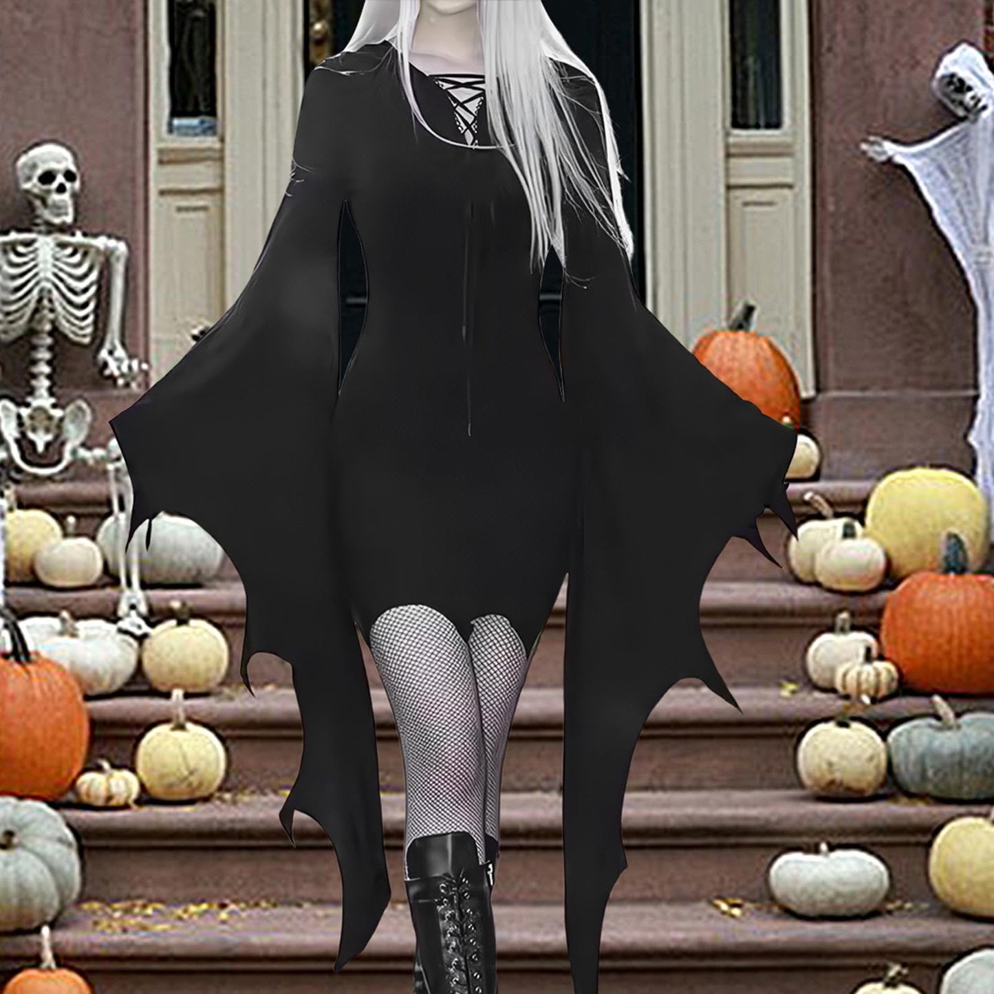 Disfraz Vestido De Murciélago Mujer,Vestido De Ala De Murciélago De Halloween, de Halloween con alas de murciélago y encaje - de disfraz de para mujer, vestido gótico con cordones y m