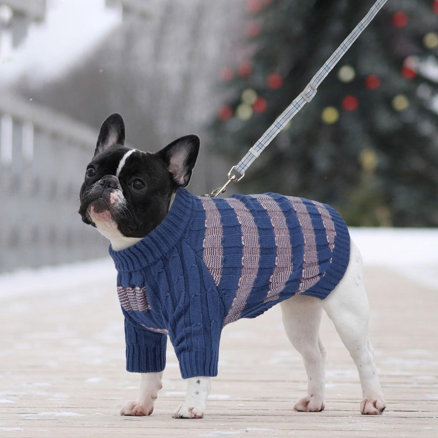 Abrigo Suéter Perro Grande, Cálido y Elástico Sueter Perro Invierno Ropa Labrador, Diseño a Rayas Jersey Punto con Agujero para Correa para Salidas Rápidas, Azul XXL