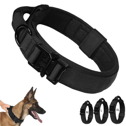 Collar para Perros con Asa y Hebilla de Metal - Táctico, Impulsivo y Fuerte Prevención de Tirones - Ajustable (Negro, L)