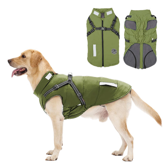 Abrigo Invierno Perro, Abrigo Impermeable para Perros Resistente al Viento, Chaqueta para Perros con Tiras Reflectantes Seguras & Arnés Ajustable para Perros pequeñas, Medianas y Grandes