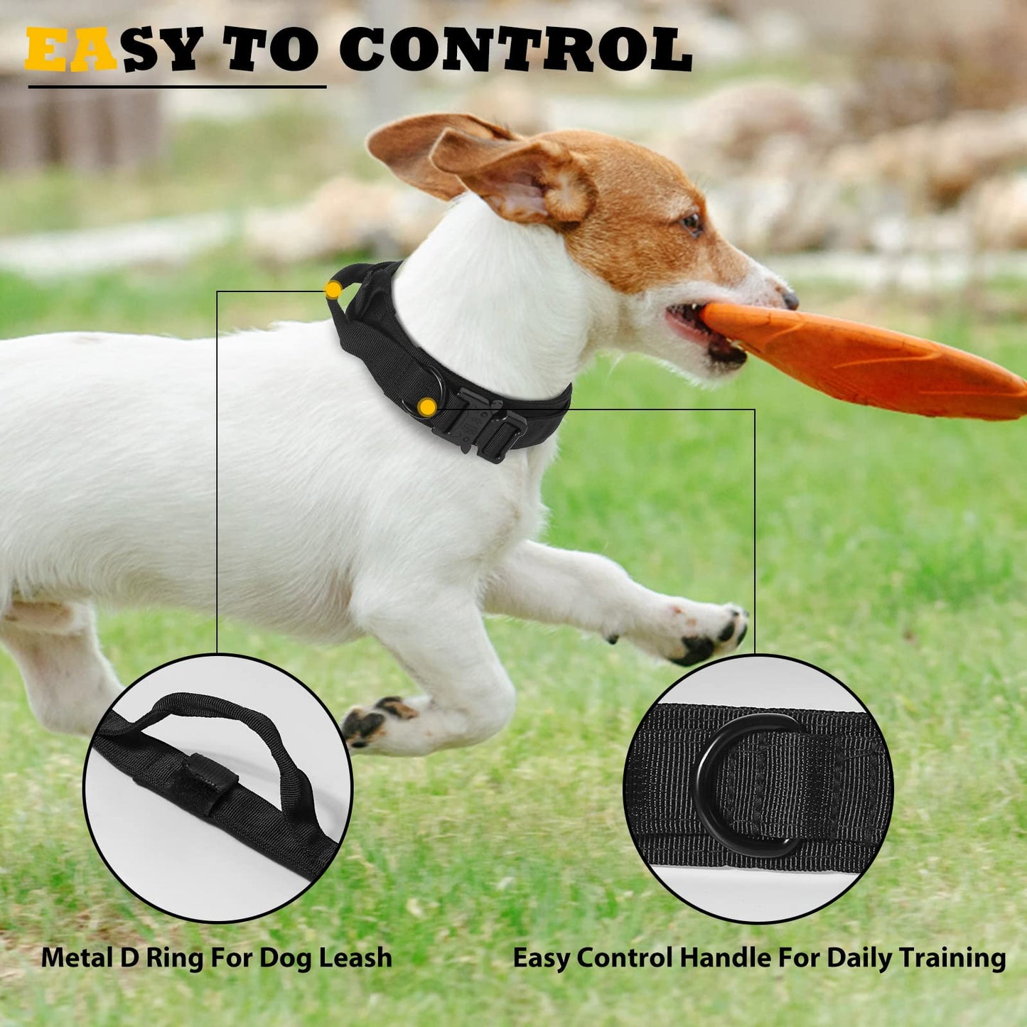 Collar para Perros con Asa y Hebilla de Metal - Táctico, Impulsivo y Fuerte Prevención de Tirones - Ajustable (Negro, L)