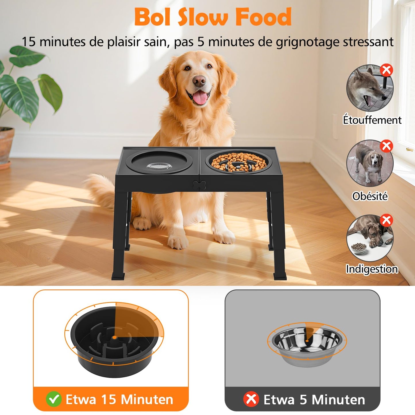 X XBEN 3-in-1 Comedero Perro Elevado de 5 Alturas Ajustables, 1,4L Bebedero Perro Antigoteo, 1L Comedero Antivoracidad,Comederos Elevados para Medianos y Grandes,Plegable y Antideslizante