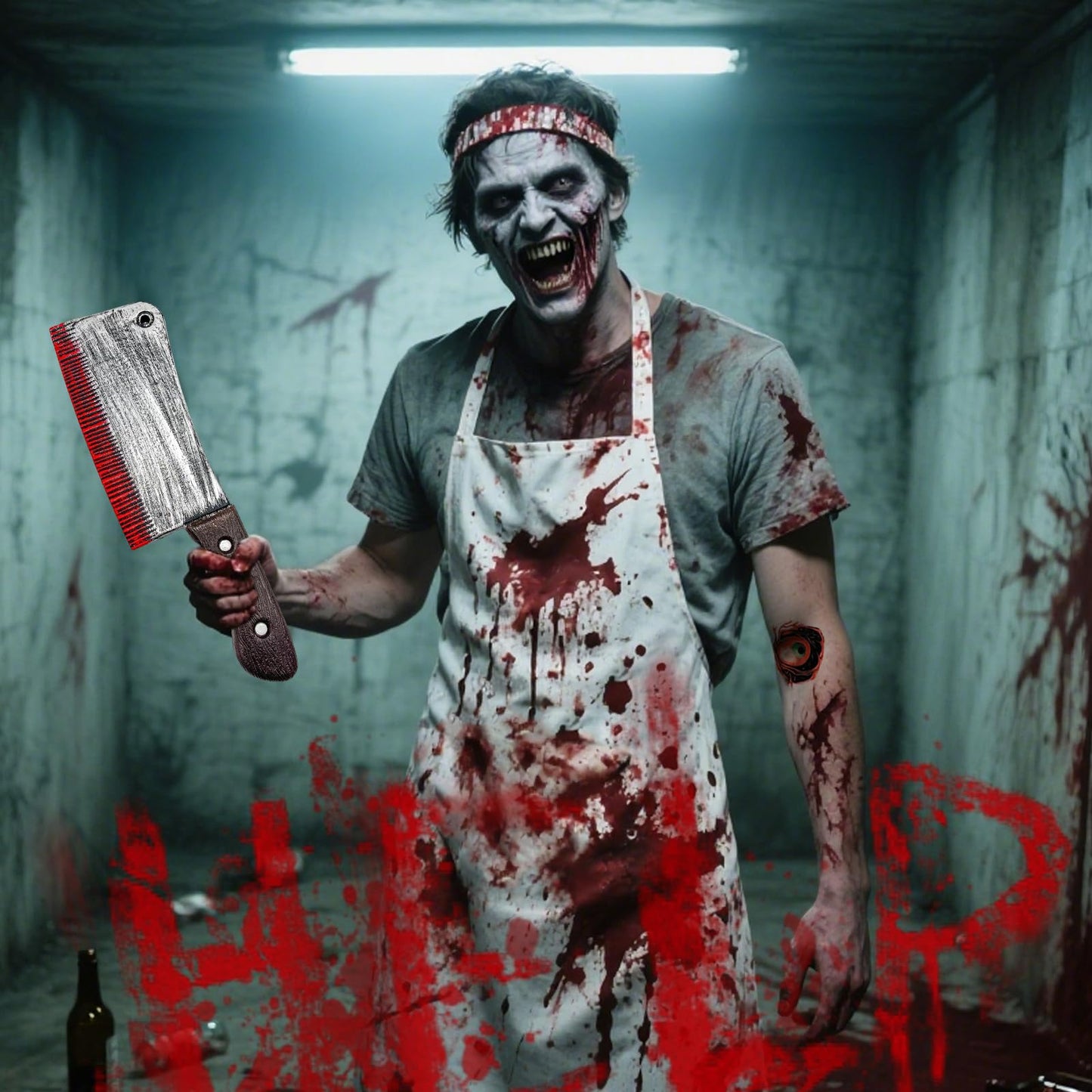 Disfraz de Carnicero de Halloween, Terror Carnicero Disfraces con Delantal Sangriento, Tocado de Hacha Sangriento, Machete, 30 Tattoo Scars Zombie para fiestas de terror de Halloween