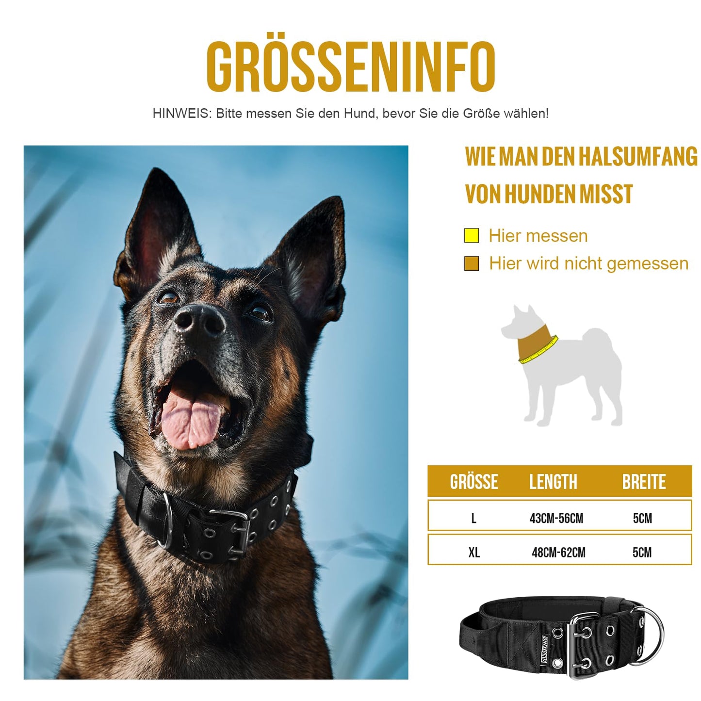 Collar de perro de 5 cm de ancho con asa y parche para perros grandes, negro, L