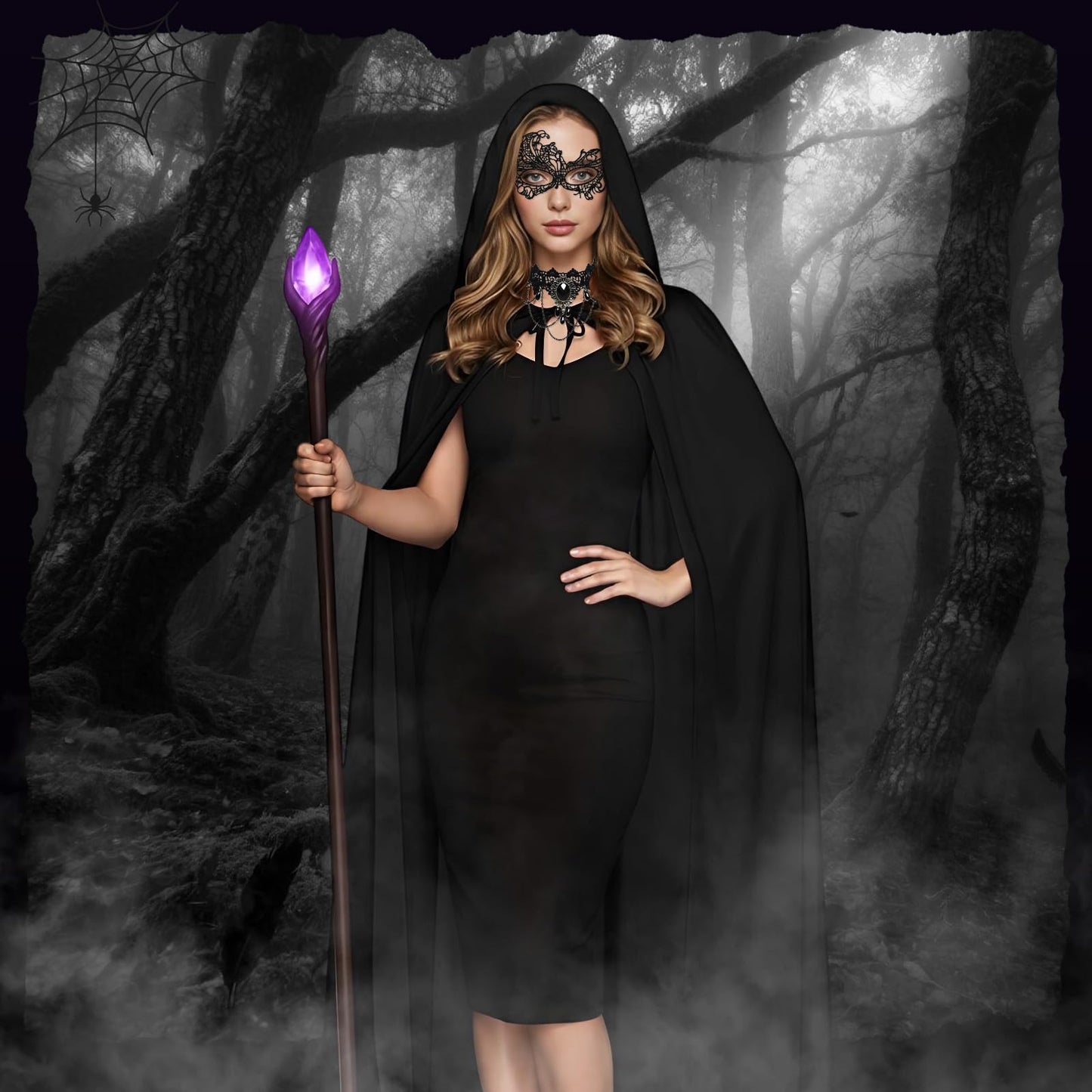 Disfraz de Bruja Halloween Mujer, Disfraz de Bruja Negro Capa con Capucha y Vestido Adulto, Capucha Máscara encaje y collar, Disfra Brujas Capa para Mujer Halloween Carnaval Cosplay Fiesta L
