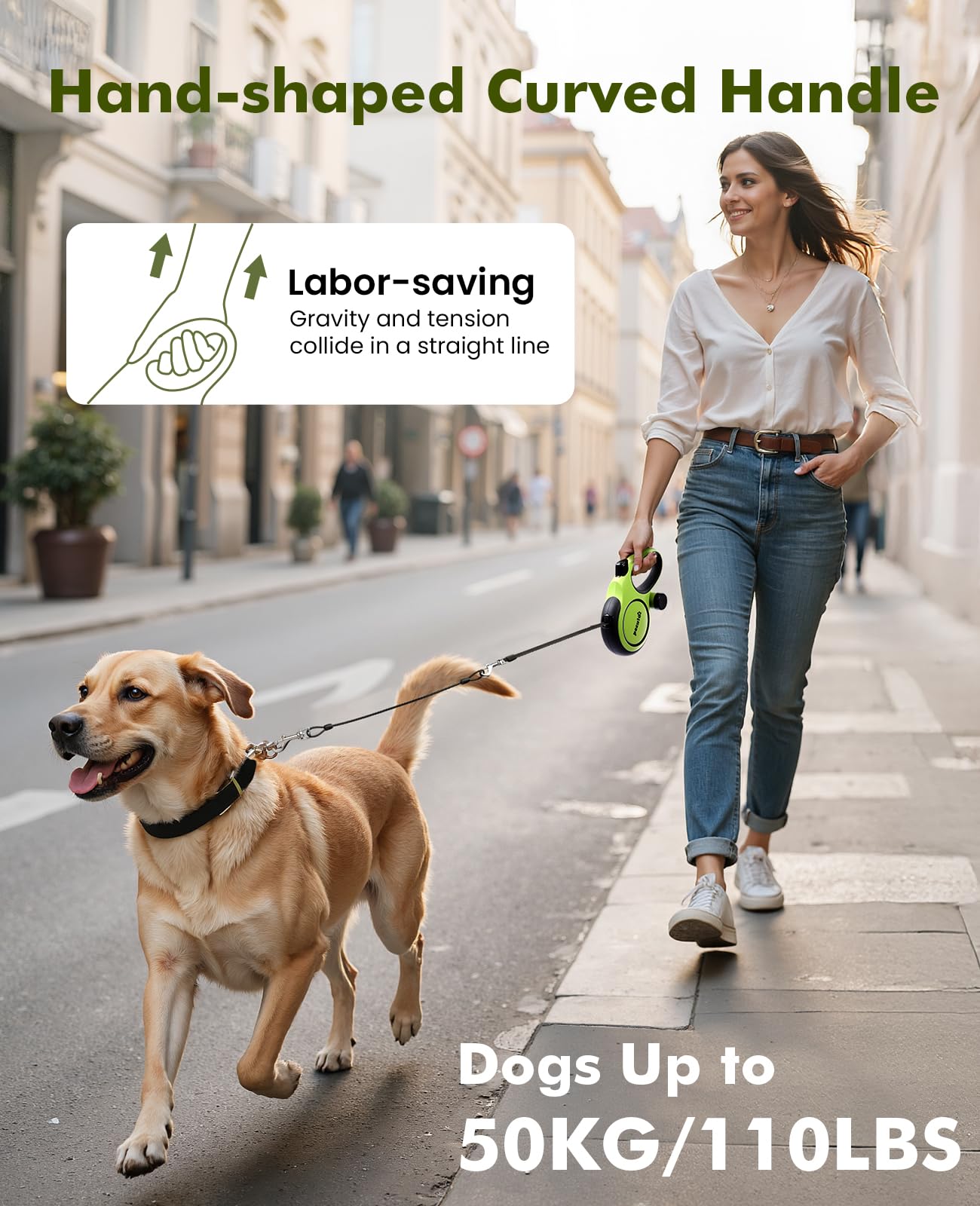 Correa Perro Extensible 8 Metros, Correa para 15-50 kg, con Cuerda Antimordida de 46cm, Bolsas Higiénicas y Portabolsa| 360° Antienredos| Paseo de Perros, Entrenamiento, días de Iluvia, Verde