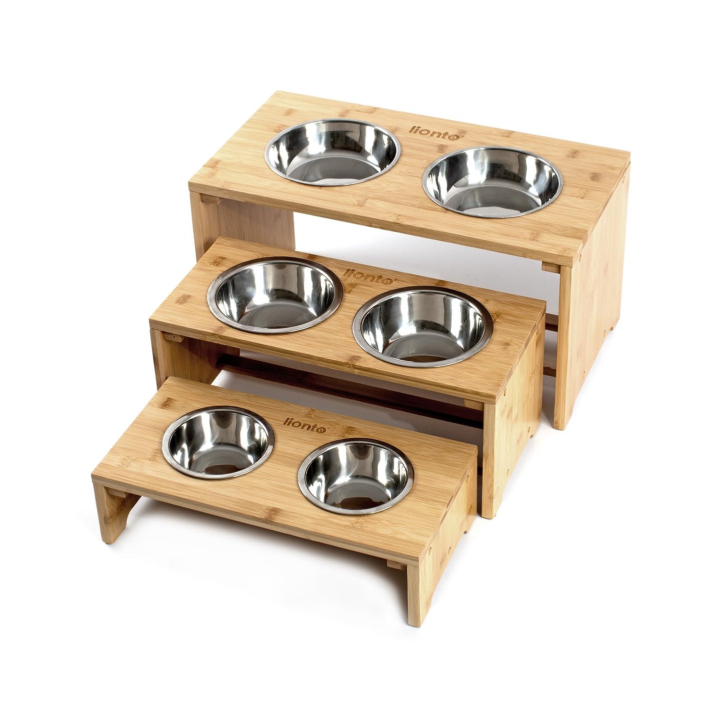 lionto Comedero para Perros Elevado comedero para Perros Barra de Comida de bambú para Mascotas 2 Cuencos de Acero Inoxidable Antideslizante, (L) 50x26x26 cm