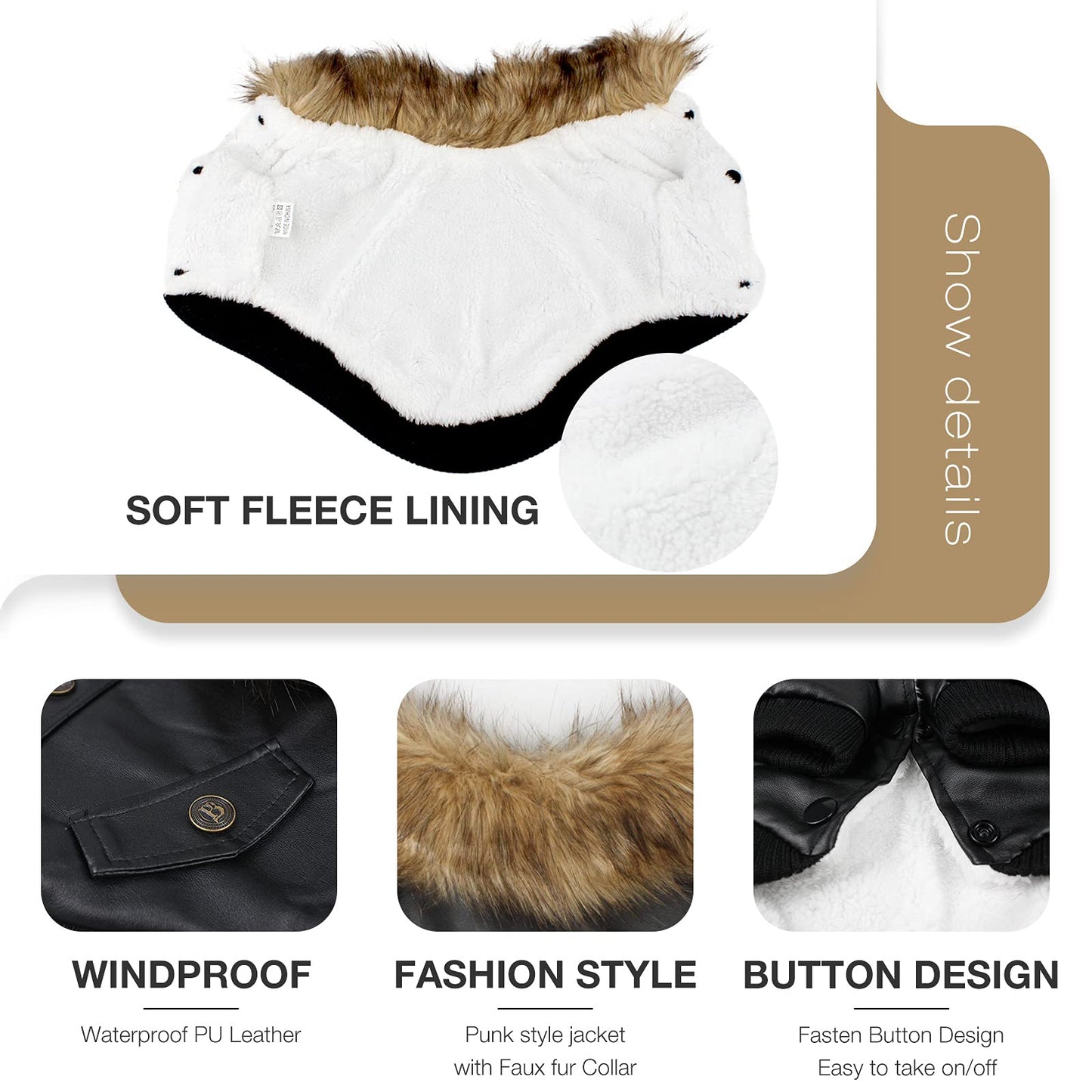 Abrigo para Perros Invierno Ropa para Perros Cuero Chaqueta para Perros Abrigado con el Borreguito y Botones Mascotas Disfraces para Pequeño/Medianos Perros (Negro) - XXL