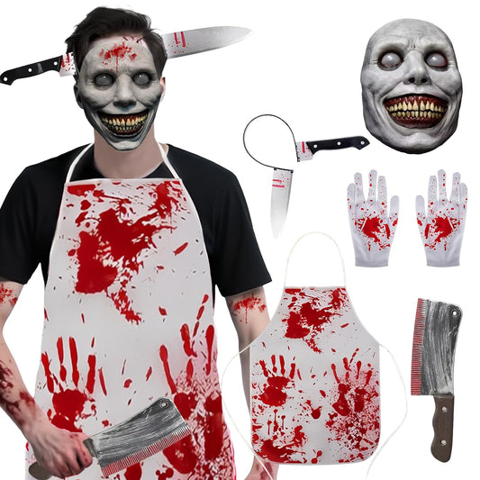 Disfraz 5 Piezas Halloween Hombre Adulto, Ensangrentado Disfraces Terroríficos para Halloween con Delantal Halloween Cuchillo Falsos Máscara Diadema Cuchillo para Adultos Cosplay Fotos Fiesta