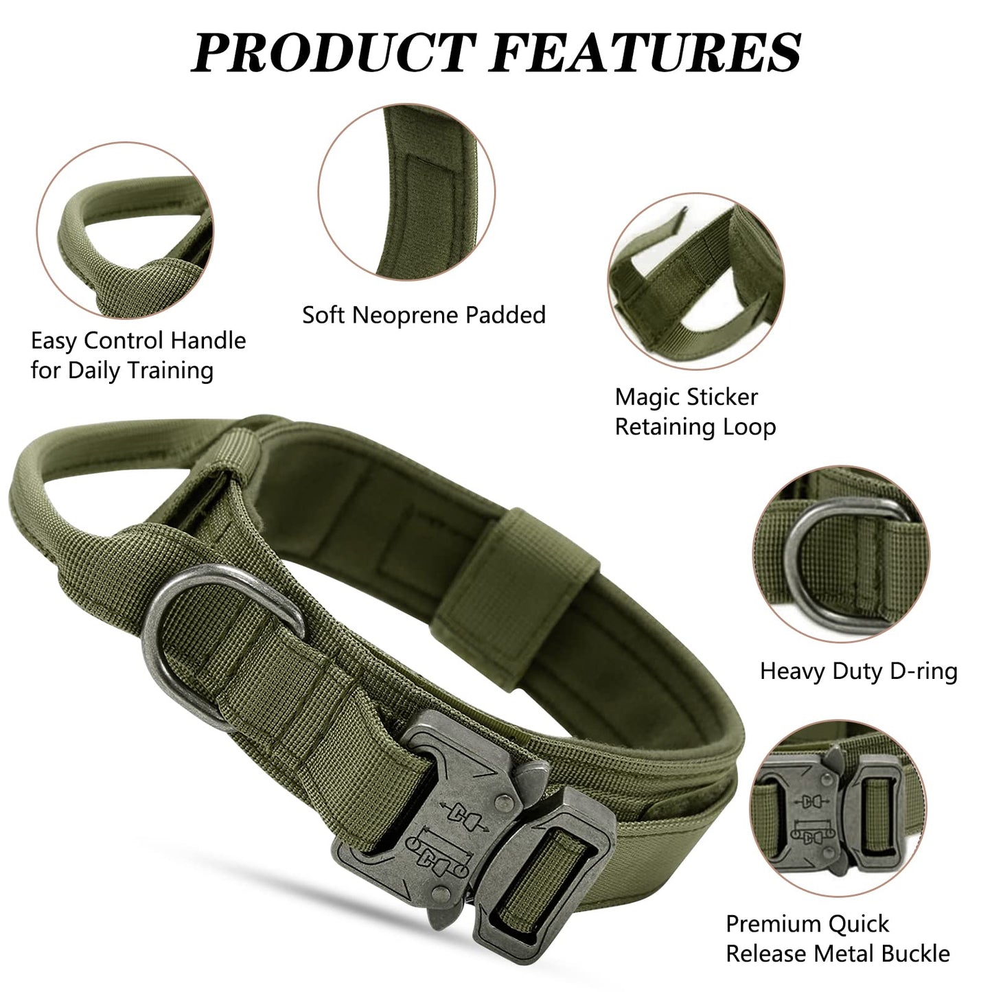 Collares Tácticos para Perros, Ajustable Collar de Nailon con Hebilla de Metal, Antidesgaste Tácticos al Aire Libre Collares con Mango de Control para Perros de Tamaño(L, Verde Militar)