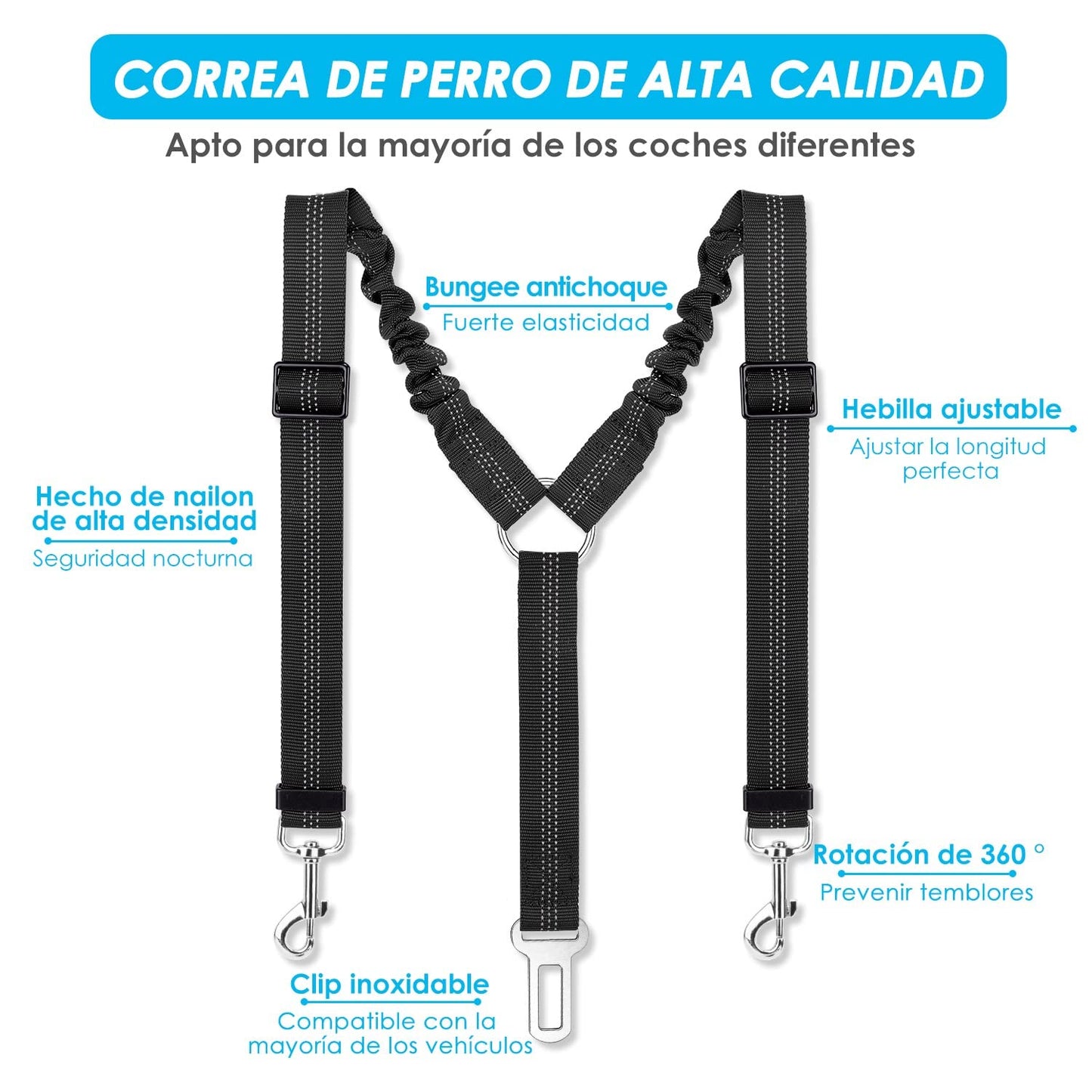 Cinturón de Seguridad Coche Perro, 2 Perros sin enredo Cinturón de Seguridad elástico Duradero para el Coche, Ajustable Reflectante Seguro Doble Perro Coche arnés Divisor para Viajar