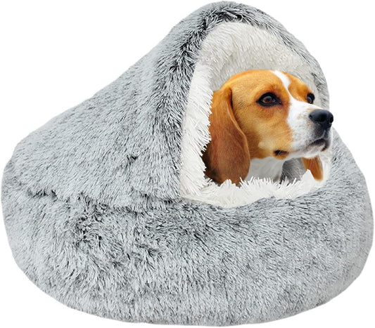 Cama de felpa calmante para gatos y perros en forma de dónut. Cojín cálido y suave con cómoda esponja, parte inferior antideslizante. Para mascotas pequeñas y medianas, para interiores (65 cm, gris)
