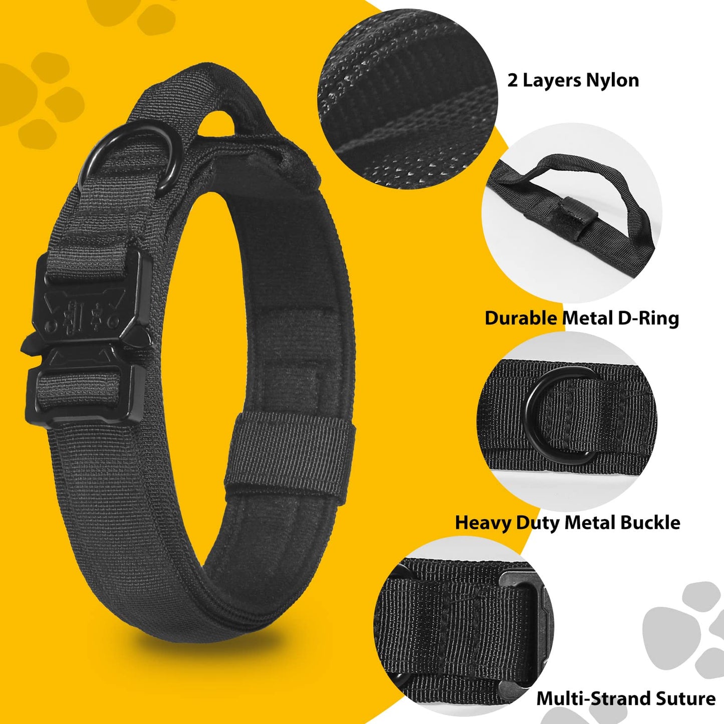 Collar para Perros con Asa y Hebilla de Metal - Táctico, Impulsivo y Fuerte Prevención de Tirones - Ajustable (Negro, L)