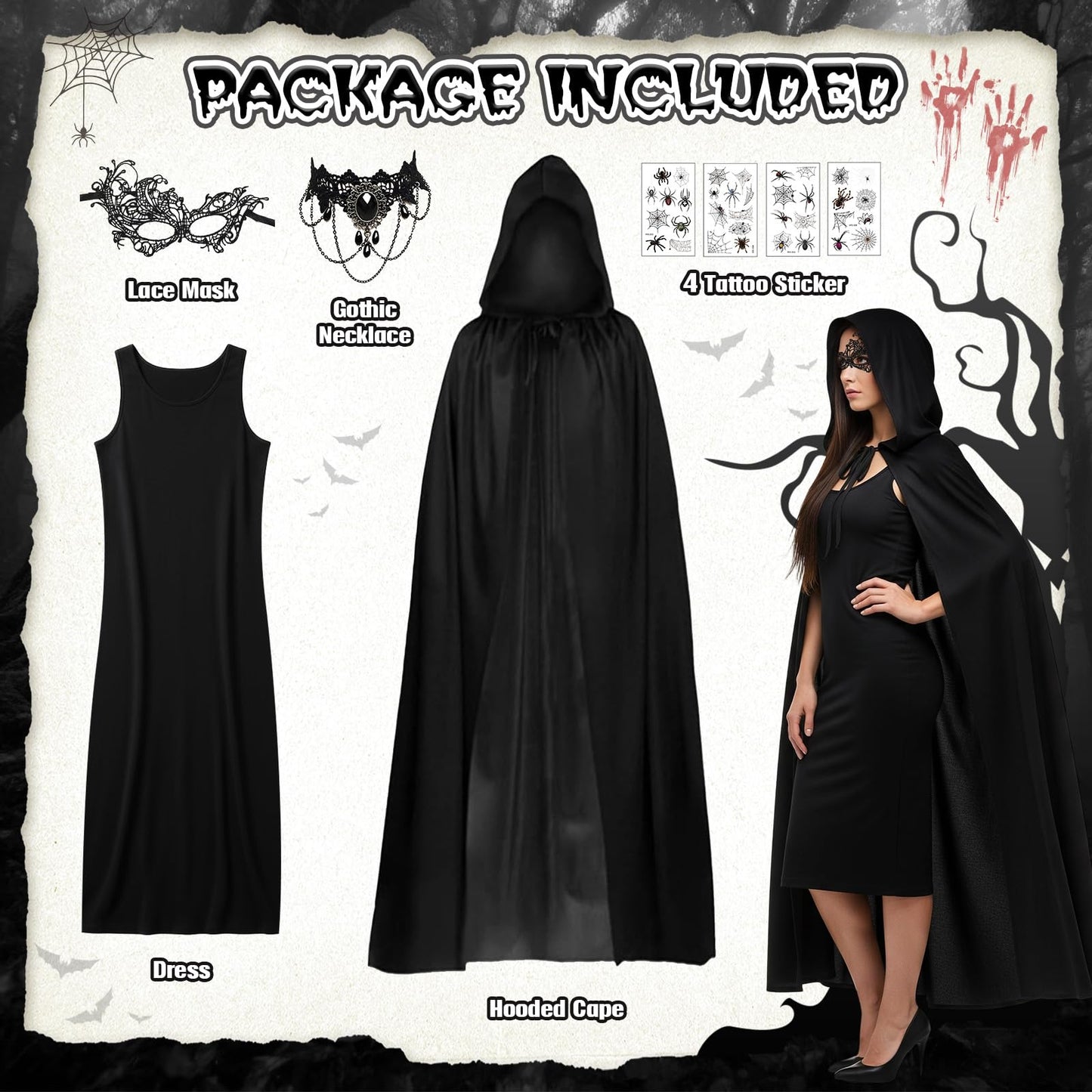 Disfraz de Bruja Halloween Mujer, Disfraz de Bruja Negro Capa con Capucha y Vestido Adulto, Capucha Máscara encaje y collar, Disfra Brujas Capa para Mujer Halloween Carnaval Cosplay Fiesta L