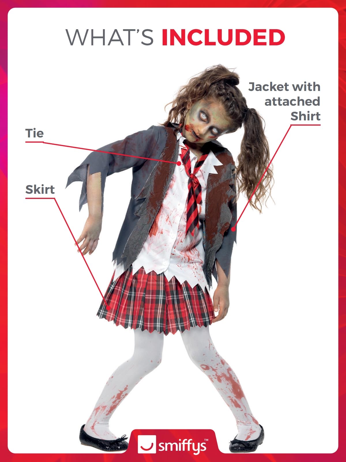 Smiffys Disfraz de colegiala zombi, Gris, con falda, chaqueta, falsa camisa y corbata