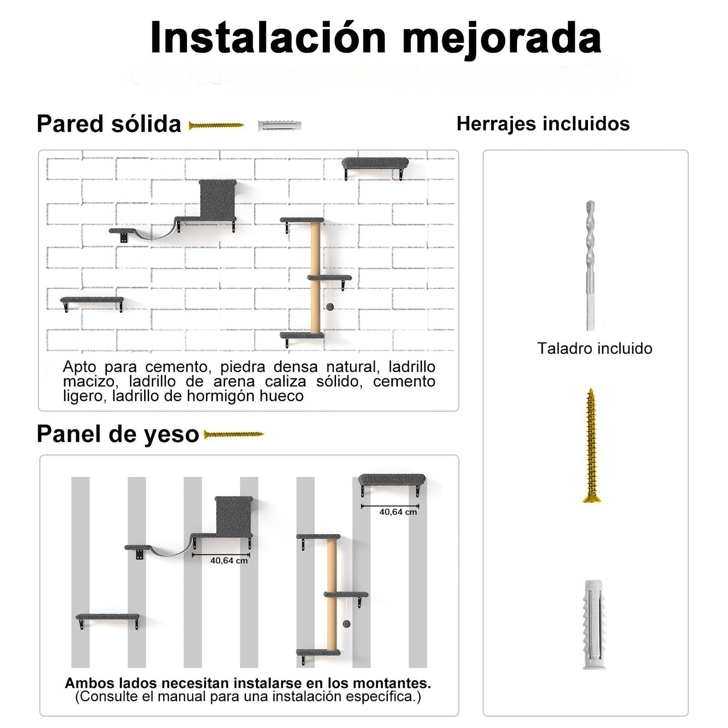 FUKUMARU Set de Pared de Escalada para Gatos, 4 Piezas - Estanterías de Pared, Hechas de Placas Multicapa Fuertes, Puente para Gatos, Árbol para Gatos, Escaleras para Gatos hasta 18 kg, Gris