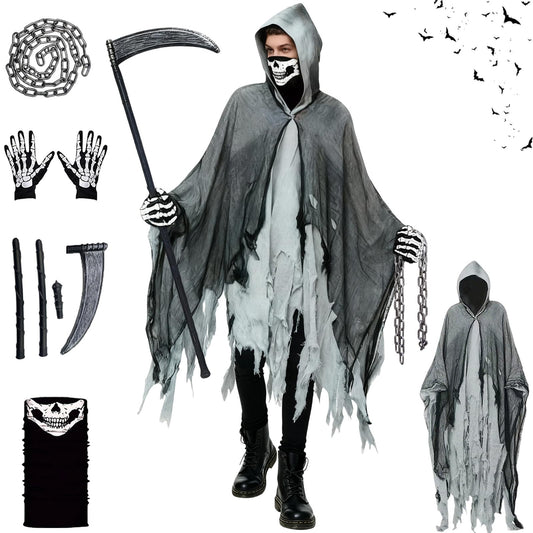 Disfraz de Parca,Disfraz de Parca para Halloween,Halloween Disfraz de Segador,Máscara de Esqueleto, Guantes y Hoz,Cadena,Ideal para Fiesta de Halloween, Carnaval y Cosplay (Gris)