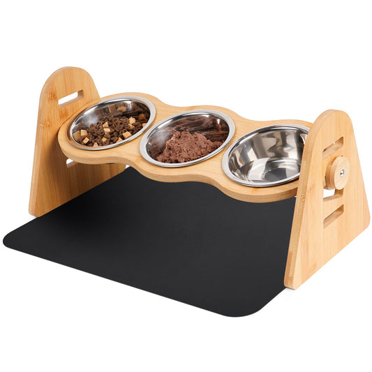 Tedsrewa 3X comedero Gato Elevado，Regulable en 4 Alturas, 300 ml, bebederos para Perros，con Elegante Soporte de bambú y Mantel Individual.