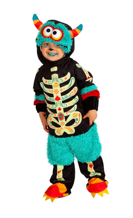 Disfraz de Monster catrina para niño y niña, talla bebé 1 a 2 años, Pelele con velcro, gorrito con ojos saltones para Halloween, Carnaval, fiestas y cosplay