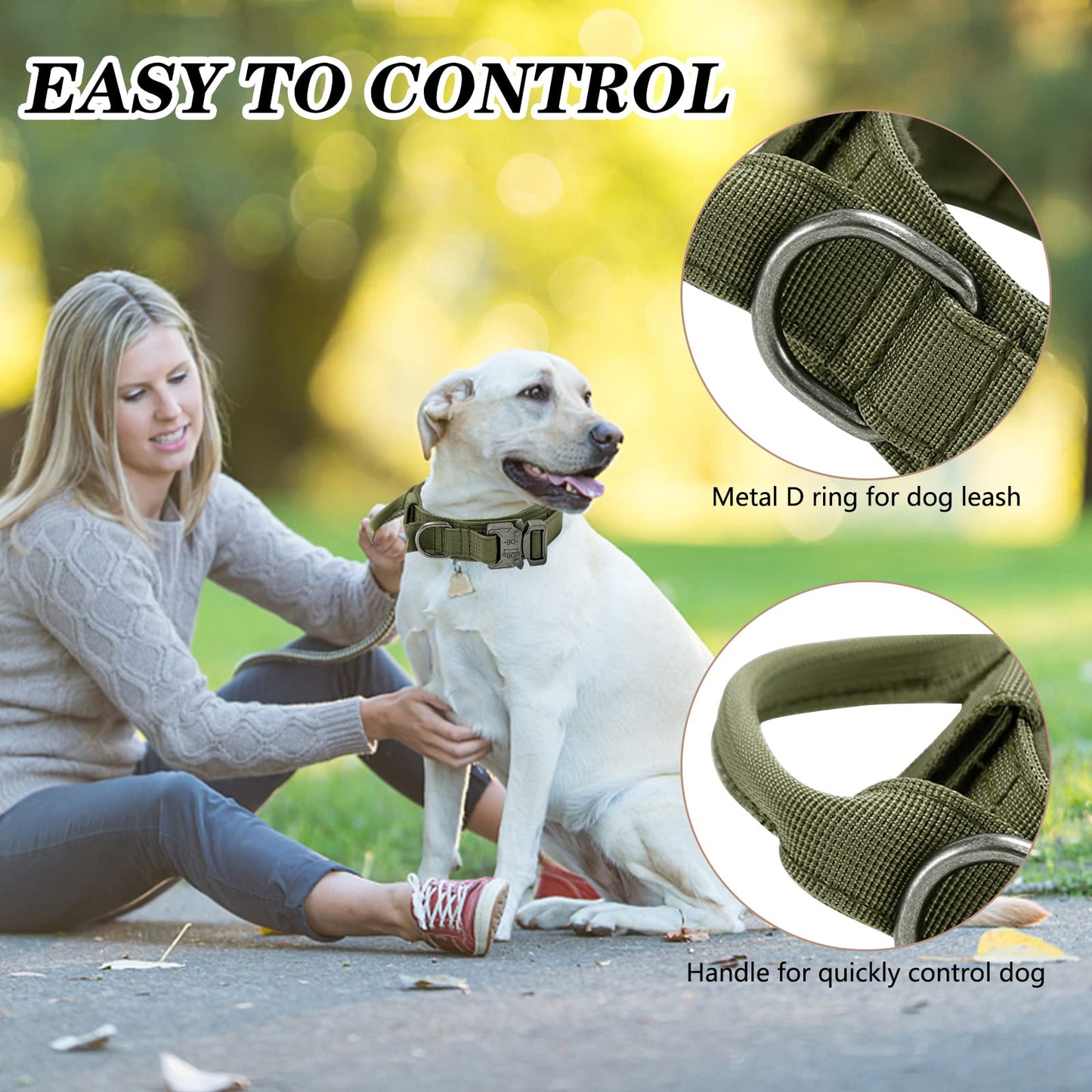 Collares Tácticos para Perros, Ajustable Collar de Nailon con Hebilla de Metal, Antidesgaste Tácticos al Aire Libre Collares con Mango de Control para Perros de Tamaño(L, Verde Militar)