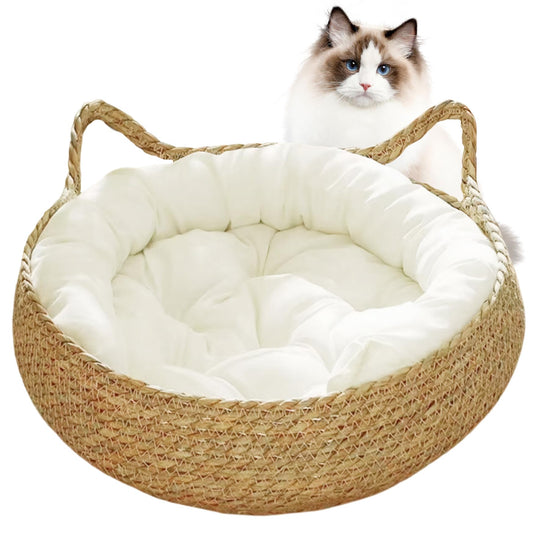 Cama de Gato, Cama de cestas de Gato Tejidas de 15 Pulgadas con cojín Suave, Nido de Cesta de Gato de Mimbre Redondo, Cama de Gatito Acogedor sin Deslizamiento para Gatos pequeños Perros