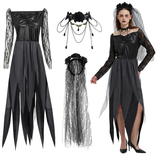 Disfraz de Novia Zombie Mujer, Disfraz de Novia Cadaver, Vestido de Novias Fantasma con Velo y Collar, Vestido Halloween de Mujer, Traje Novias Muerta para Halloween Carnaval Cosplay (M)