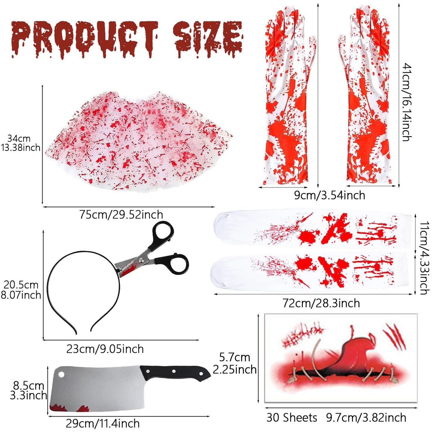 AEYAKA Disfraz de Enfermera Zombi Mujer – Falda Tutu Ensangrentada, Medias, Guantes, Diadema con Tijeras, Machete & Tatuajes – Traje de Terror para Fiesta de Halloween y Cosplay Adulto