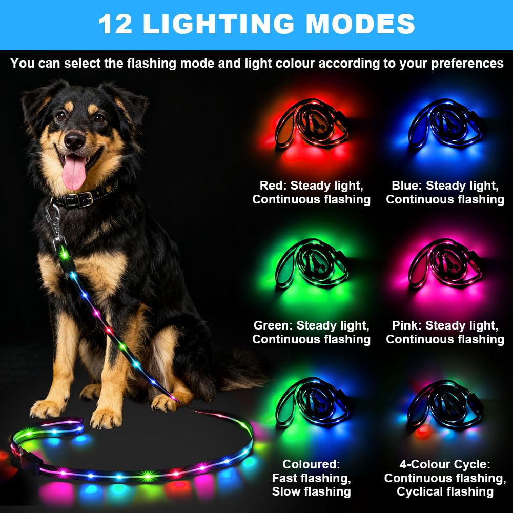 Correa led para Perros 1.2 M, Correa Reflectante Recargable, con 12 Modos Luz, Recargable USB, Ideal para Paseos Nocturnos con Mascotas Grandes Medianas Pequeñas