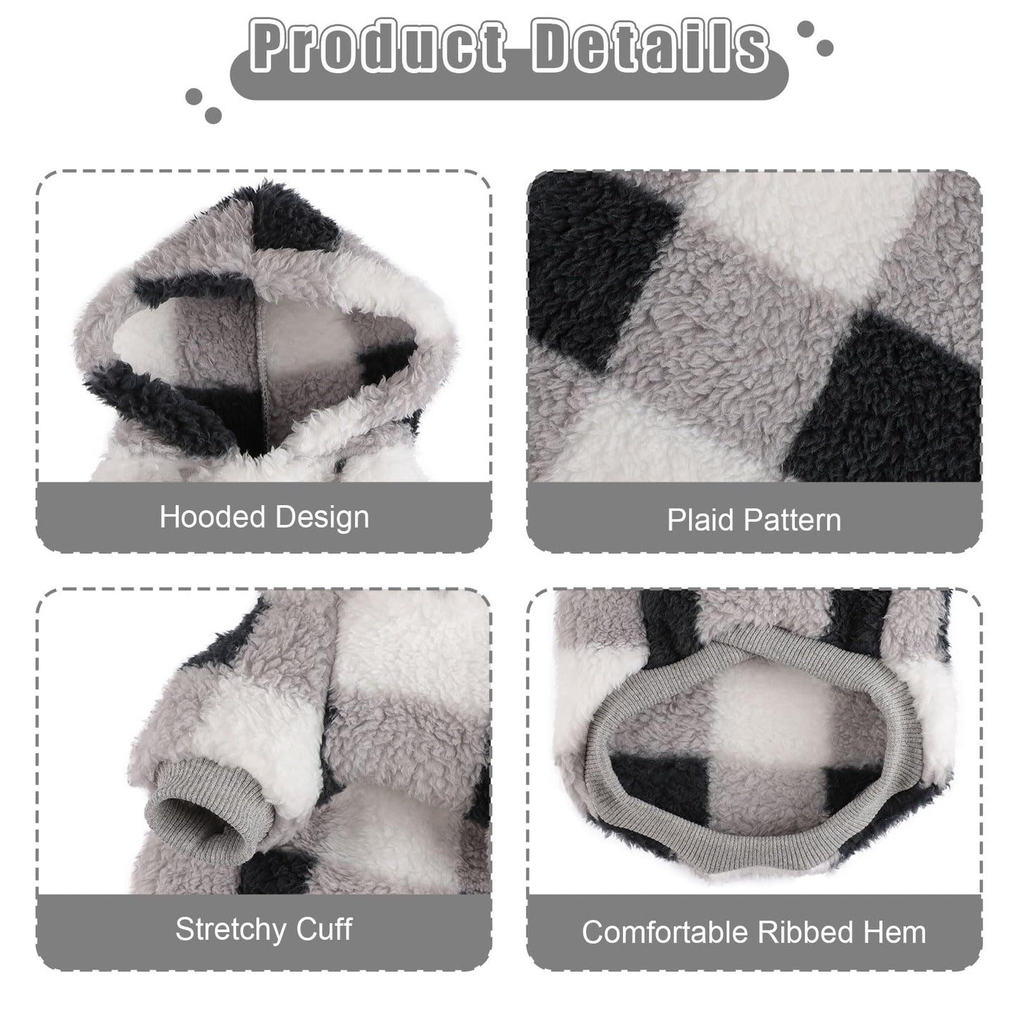 Sudadera de Forro Polar con Capucha para Perros pequeños, suéter cálido de Invierno para Cachorros, Ropa para Chihuahua, Yorkie, Taza de té, Ropa para Gatos (Negro a Cuadros, Talla XXS)