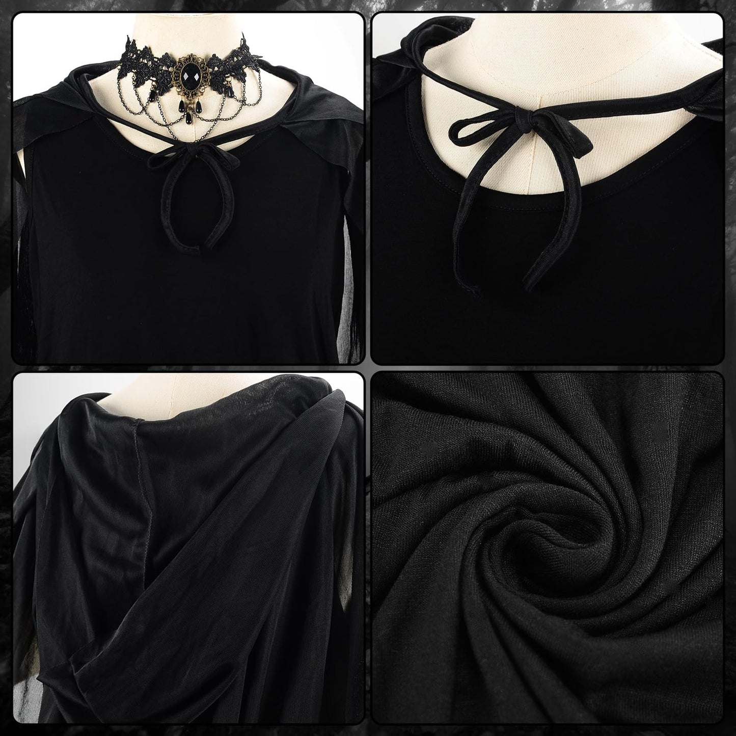 Disfraz de Bruja Halloween Mujer, Disfraz de Bruja Negro Capa con Capucha y Vestido Adulto, Capucha Máscara encaje y collar, Disfra Brujas Capa para Mujer Halloween Carnaval Cosplay Fiesta L