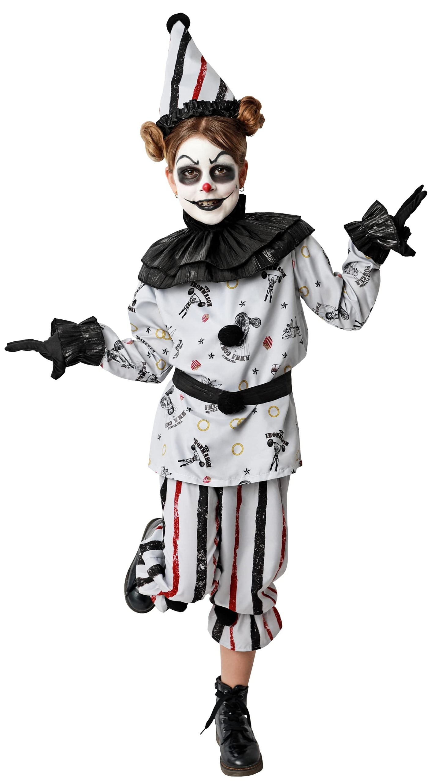 Disfraz de Payaso Asesino para Niñas Halloween (Contiene:Gorro,Camiseta,Pantalón,Guantes,Cuello,Cinturon,Cuchillo de Broma y Mochila de Cuerdas.4 Tallas Diferentes) (7-9 años)