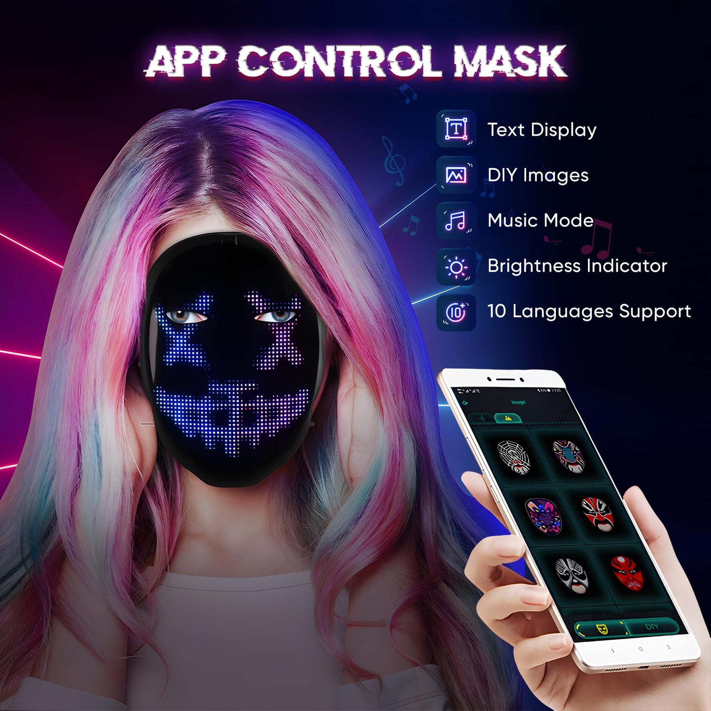 Trsaow LED Máscara de Luces Halloween con Control de aplicación Inalámbrico, 70 imágenes, 45 animaciones, Patrones/Textos de Bricolaje, Carga de Fotos y máscara de Ritmo Musical Máscaras de luz