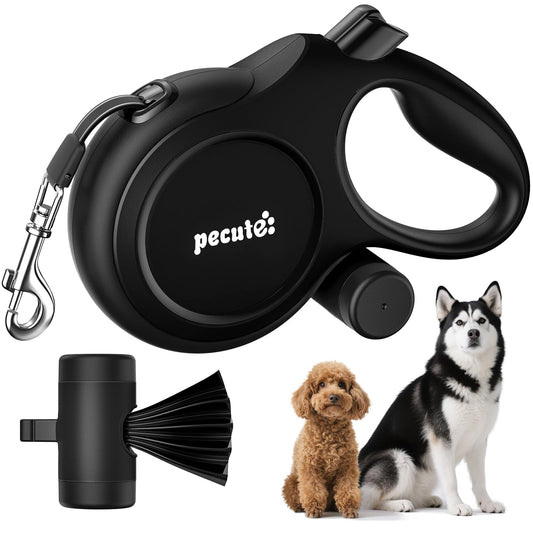 Pecute Correa Perro Extensible 8 Metros, Correa Larga Perro para 15-50 kg, 360° Antienredos,con Bolsas Higiénicas y Portabolsa|Paseo de Perros, Entrenamiento, días de Iluvia, Negro