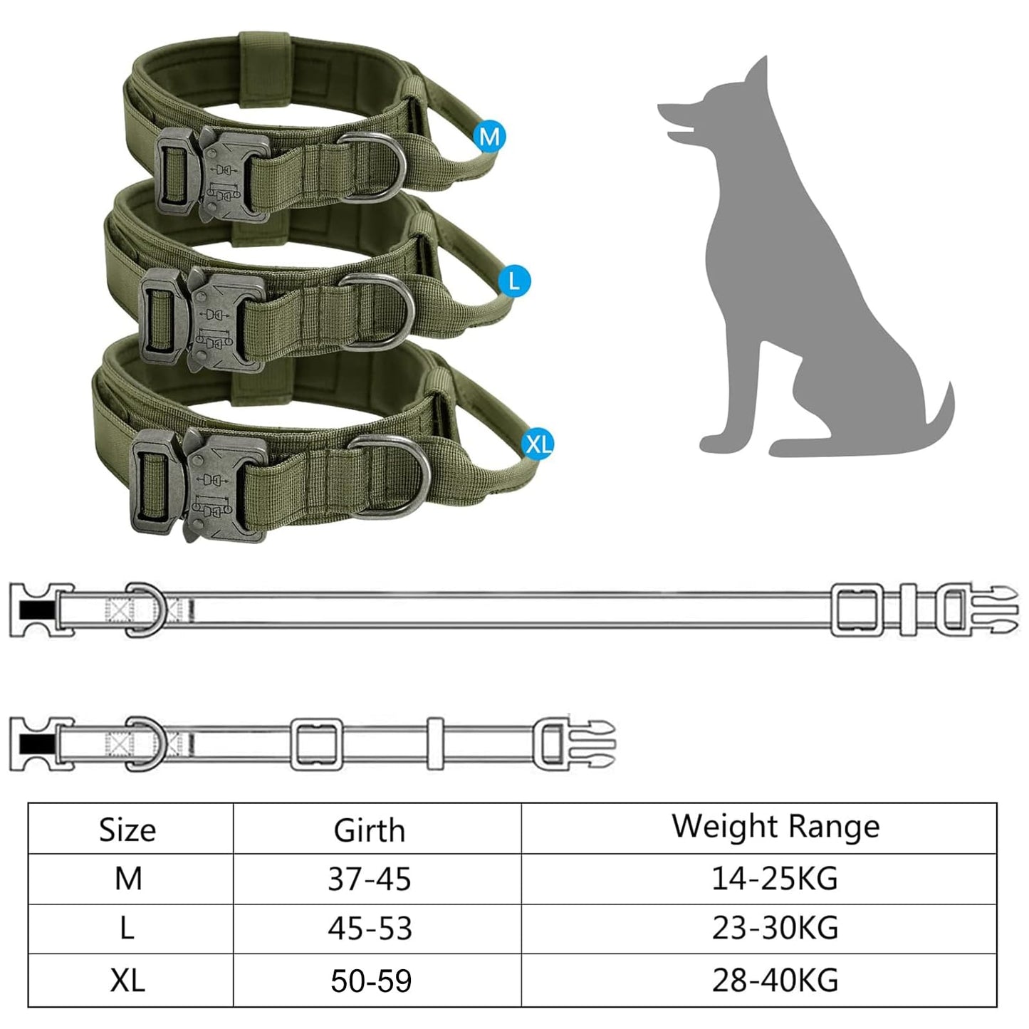 Collares Tácticos para Perros, Ajustable Collar de Nailon con Hebilla de Metal, Antidesgaste Tácticos al Aire Libre Collares con Mango de Control para Perros de Tamaño(L, Verde Militar)