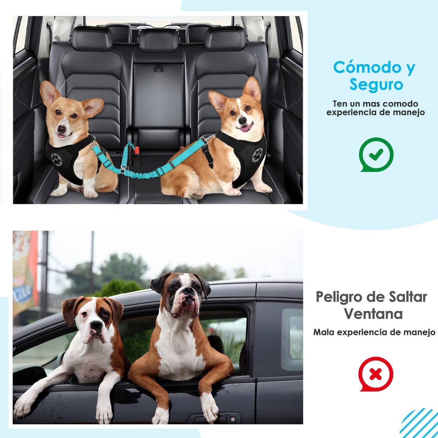 Cinturón de Seguridad Coche Perro, 2 Perros sin enredo Cinturón de Seguridad elástico Duradero para el Coche, Ajustable Reflectante Seguro Doble Perro Coche arnés Divisor para Viajar