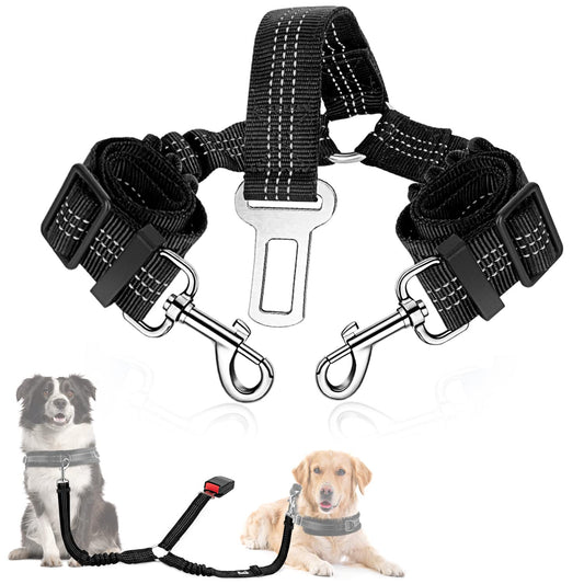Cinturón de Seguridad Coche Perro, 2 Perros sin enredo Cinturón de Seguridad elástico Duradero para el Coche, Ajustable Reflectante Seguro Doble Perro Coche arnés Divisor para Viajar