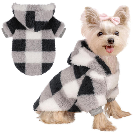 Sudadera de Forro Polar con Capucha para Perros pequeños, suéter cálido de Invierno para Cachorros, Ropa para Chihuahua, Yorkie, Taza de té, Ropa para Gatos (Negro a Cuadros, Talla XXS)