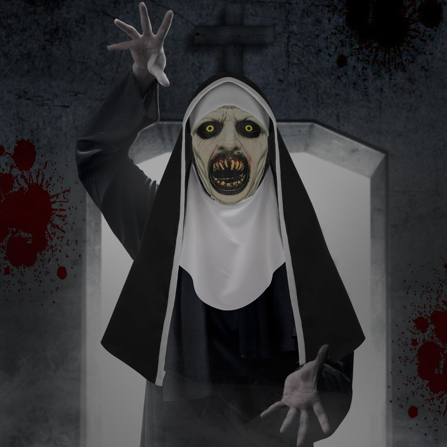 Disfraz 3Pcs Decoración de Fiestas de Halloween Máscara Horror Terror Colmillos Máscara de Monja Mask con Collar con Cruz Capa Malla Transpirable para Cosplay Disfraz Fiesta Carnaval