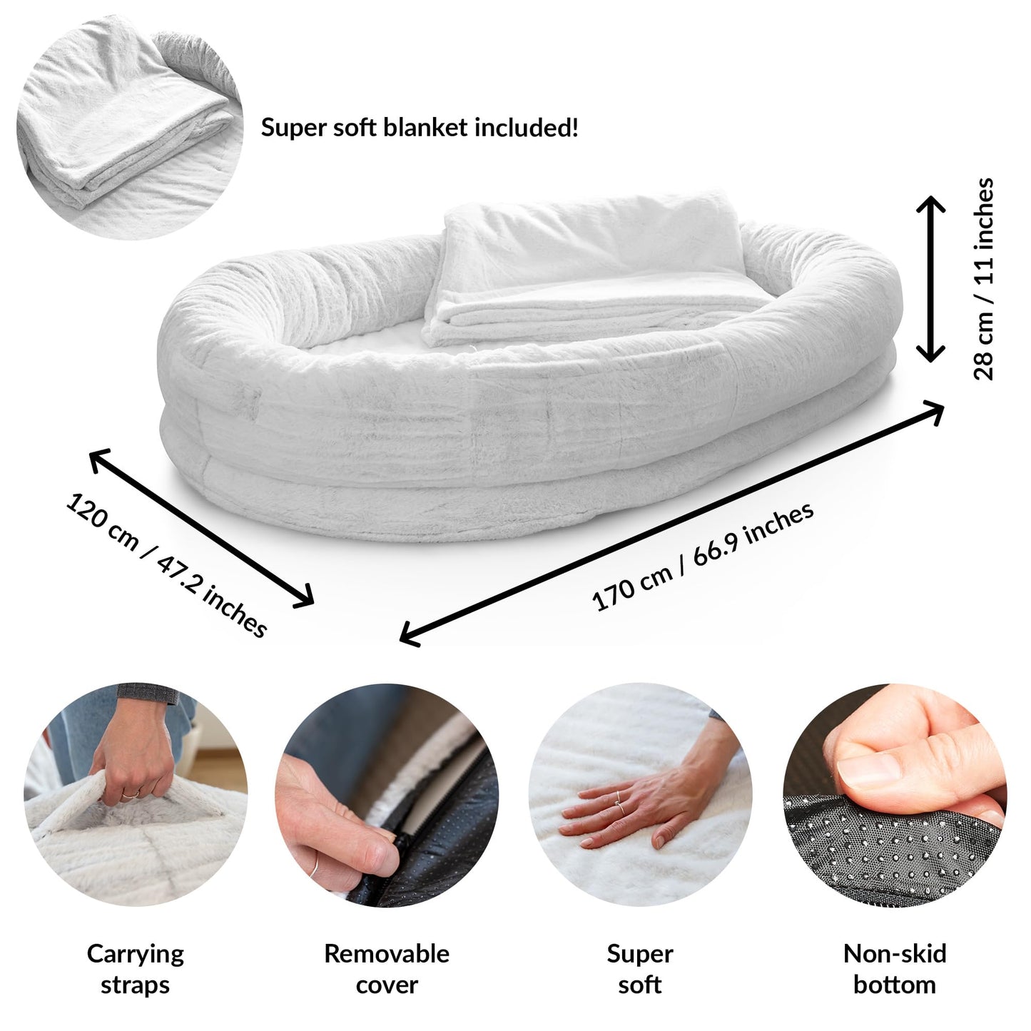 Cama para Humanos y Amigos Peludos | Cama De Perro para Humanos Cálida y Cómoda | Cama Perro Humano De Rosquilla | Manta Incluida y Funda Desmontable | Gris Claro | Human Dog Bed