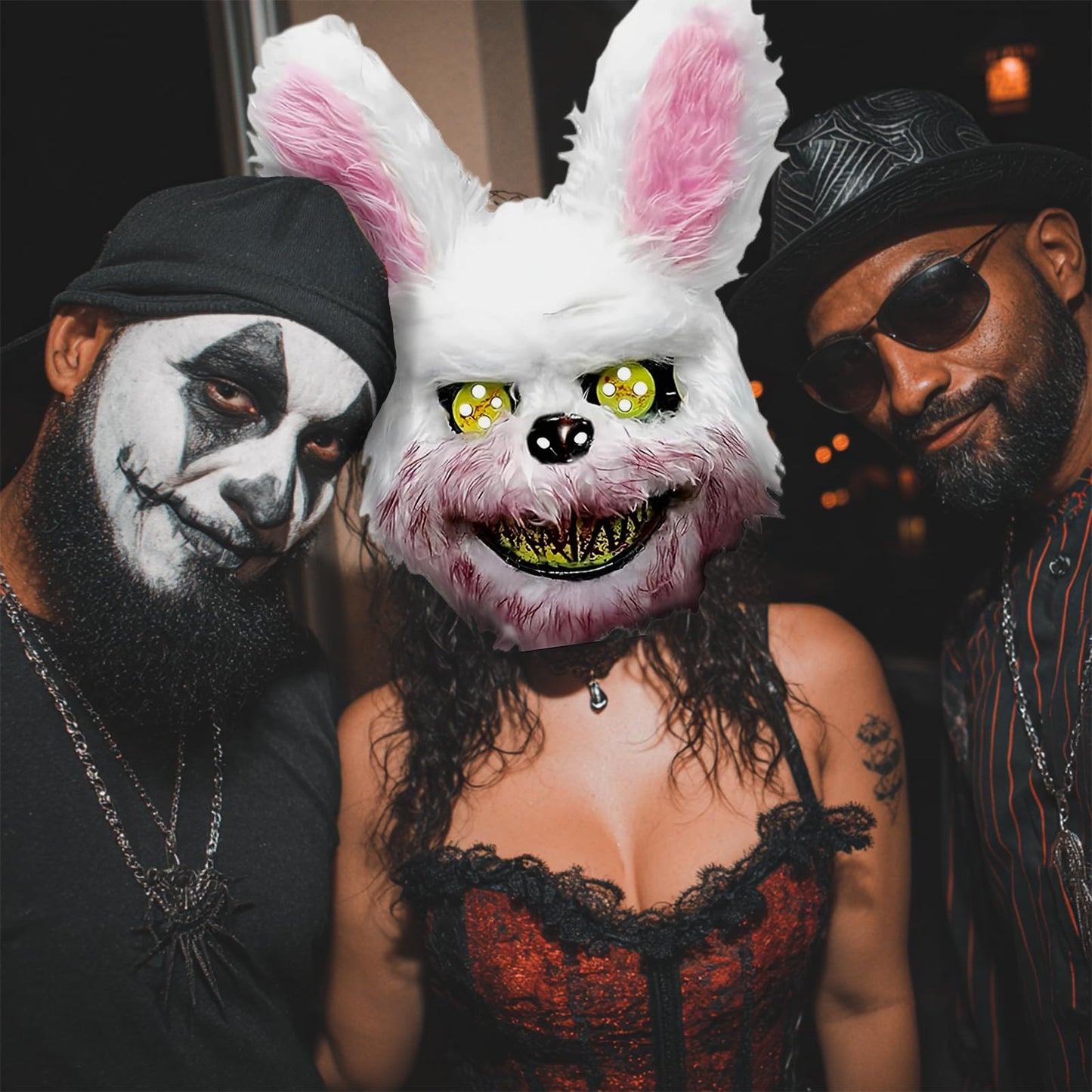 TFSZE MáScara Horror Conejo Set,Máscara de Conejo de Felpa Sangrienta con Delantal Sangriento,Pegatinas de tatuajes con cicatrices,Delantal Sangriento,para Adulto Helloween Carnaval Fiesta