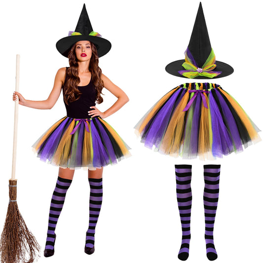 Disfraz Bruja Mujer,Neon Falda Tutú Gorro Bruja y Medias Disfraces Halloween Witch Costume Adulto Disfraces Carnaval Cosplay