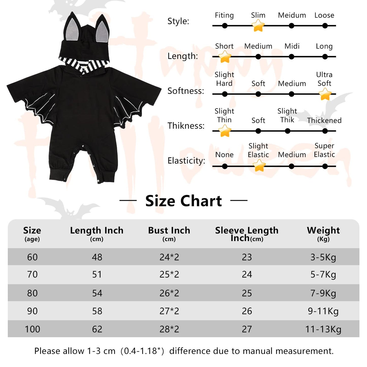 Disfraz Halloween Bebe, Divertido Conjunto de Traje de Murciélago con Capucha y Sombrero de Orejas Como Disfraces de Halloween para Recién Nacidos de 0-18 meses