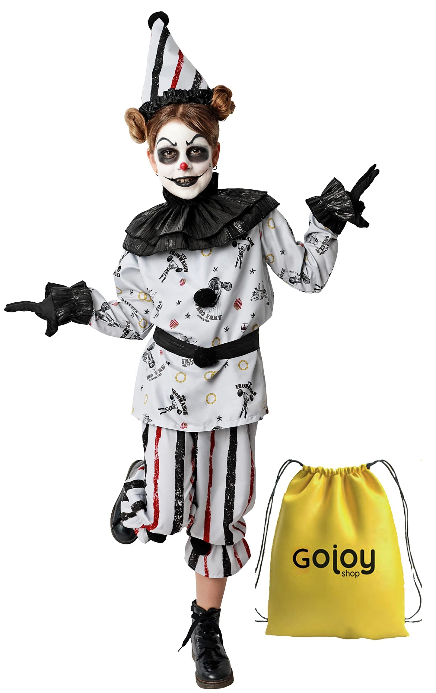 Disfraz de Payaso Asesino para Niñas Halloween (Contiene:Gorro,Camiseta,Pantalón,Guantes,Cuello,Cinturon,Cuchillo de Broma y Mochila de Cuerdas.4 Tallas Diferentes) (7-9 años)
