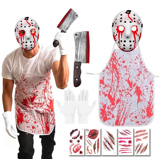 Disfraz de Carnicero de Halloween, Asesino en Serie Disfraces, Disfraces Halloween, Máscara de Asesino Sangriento, Delantal Sangriento, Cuchillo Sangriento, Pegatinas Cicatriciales, Guantes de algodón