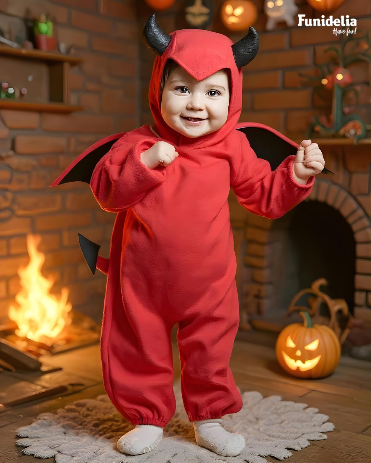 Disfraz de Diablo para Bebé con mono, capucha, alas y cola, Traje de Demonio, Disfraces de Halloween y Carnaval – Talla 12-24 meses