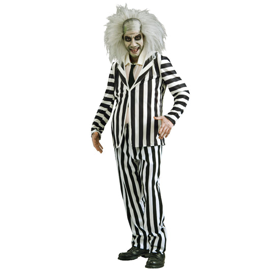 Disfraz Beetlejuice para hombre, Traje completo con chaqueta, pantalón y corbata, Licencia Oficial Beetlejuice, Talla Estándar, Terror, Tim Burton para Halloween, Carnaval, Fiestas y Cosplay