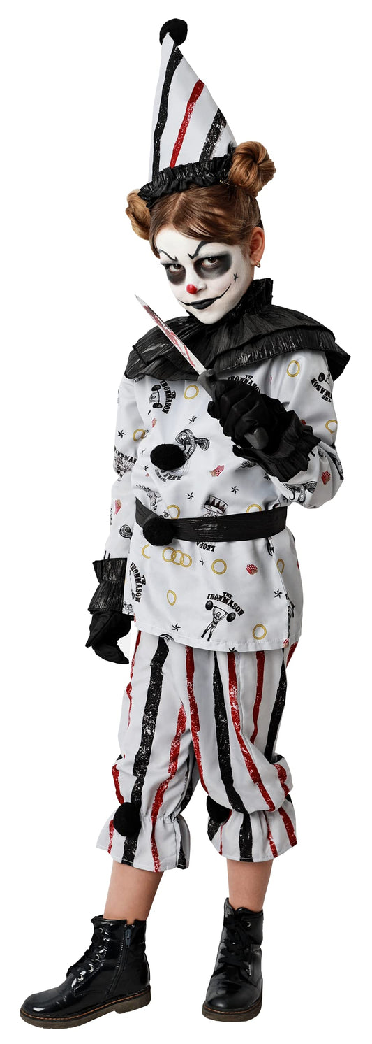 Disfraz de Payaso Asesino para Niñas Halloween (Contiene:Gorro,Camiseta,Pantalón,Guantes,Cuello,Cinturon,Cuchillo de Broma y Mochila de Cuerdas.4 Tallas Diferentes) (7-9 años)