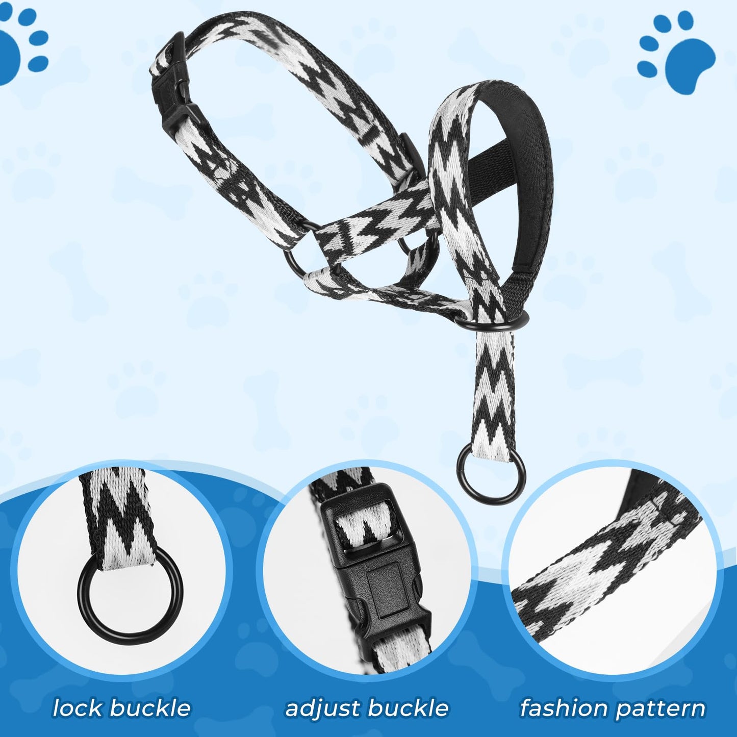 Adiestramiento canino antitirones Collar para Perros pequeños, medianos y Grandes, Collare de Cabeza con diseño de patrón de Letras, Ajustable y Ligero, Previene el tirón(S, Westilo Negro)